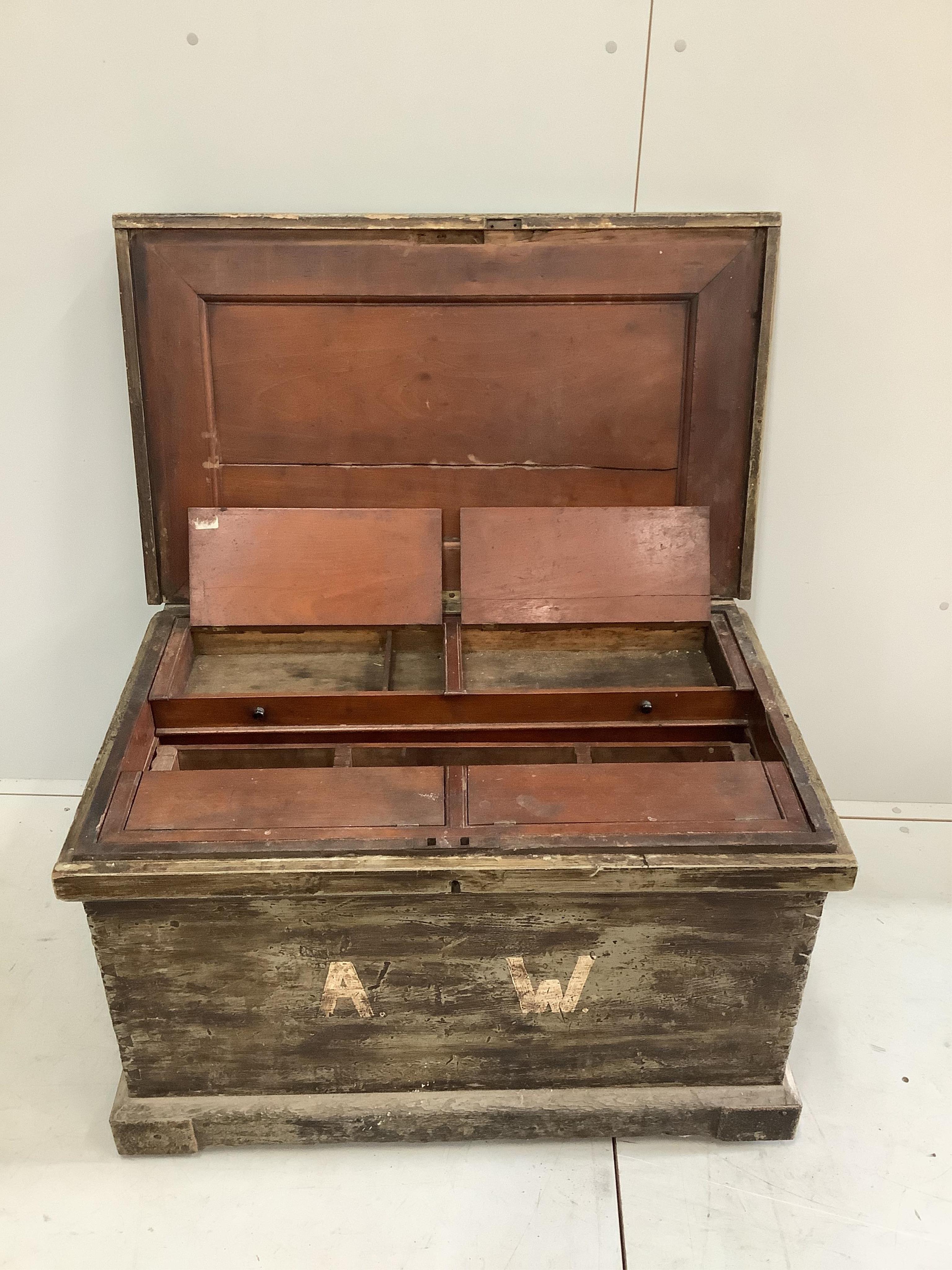 A Victorian painted carpenter's chest with fitted mahogany interior, width 99cm, depth 57cm, height 60cm. Condition - fair